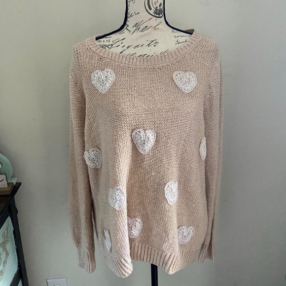 Lauren Conrad Pink Knit Sweater Lace Applique Hearts Size XL - Picture 1 of 9